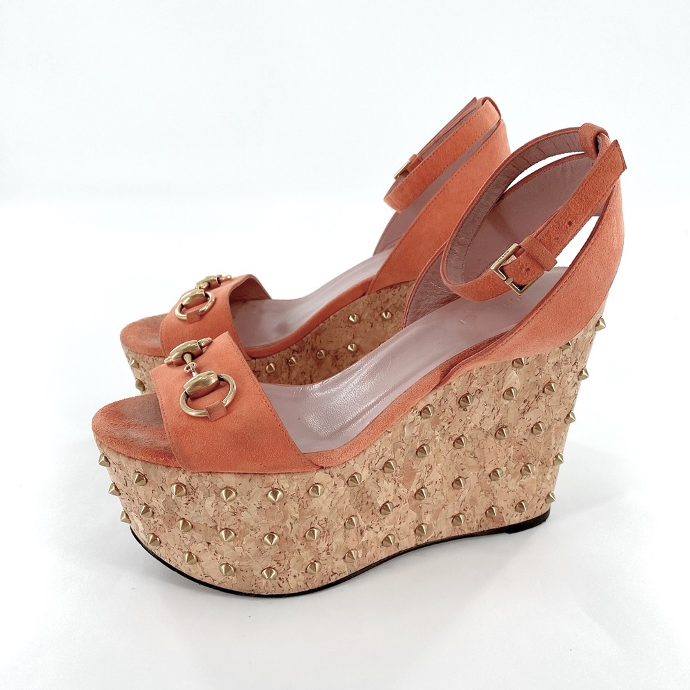 GUCCI
Suede Studded Cork Wedge Horsebit Sandals